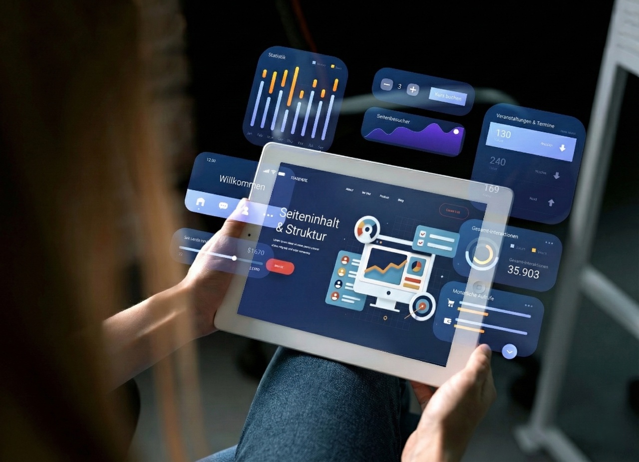 Eine Person hält ein Tablet, um welches ein Analyse-Dashboard mit Messwerten und Begriffen wie "Willkommen", "Seiteninhalt & Struktur" und "Statistik" für Webseiten angezeigt wird.