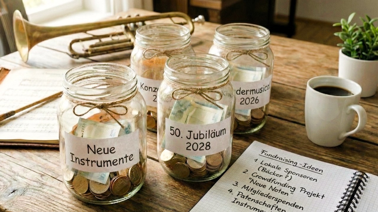 Vier nebeneinander stehende Spendengläser, beschriftet mit Vereinszielen wie "neue Instrumente" und "Jubiläum"; gefüllt mit Bargeld, platziert auf einem Holztisch neben einer Trompete, Noten und einem Fundraising-Plan.